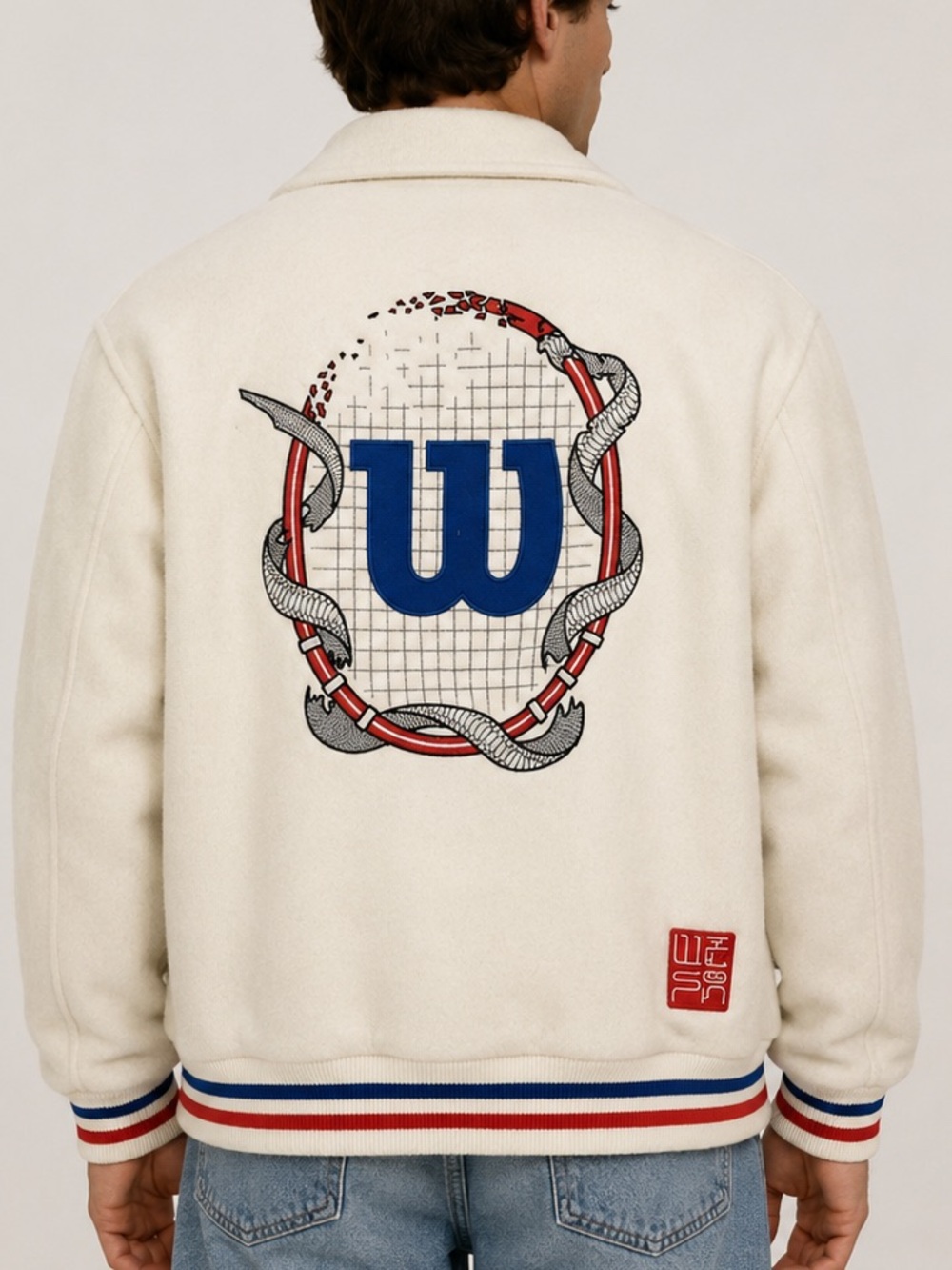 Wilson Varsity Jacket Cream Blue Red White USA Made Mens Size Medium